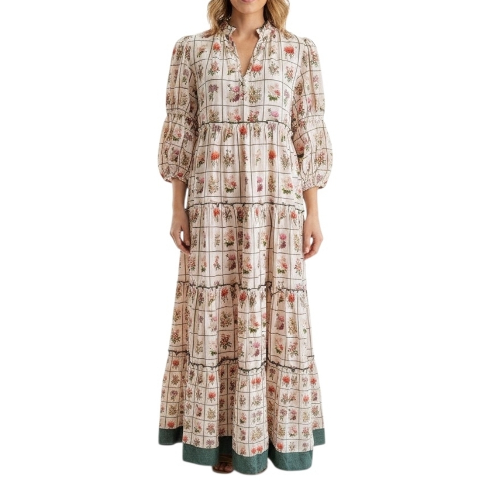 Anna Cate Vintage Stamp‎ Emily Floral Maxi Dress Linen Cotton Size M - Picture 2 of 15